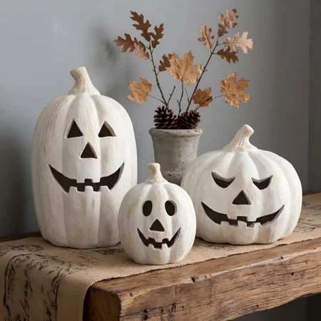 HaCpiu White Terracotta Jack-O-Lantern Pumpkin Decoration, 9.8" Resin Handmade Clay Fall Home Accent, Vintage Farmhouse Outdoor Indoor Lawn Figurine, Fall Decoration Halloween Home Decoration | Walmart (US)