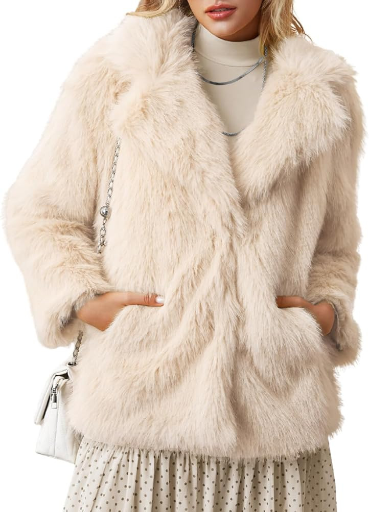 Women's Faux Fur Jacket Trendy, Furry Lapel Coat with Inner Lining, Winter Warm Outerwear | Amazon (US)