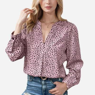 Anna-Kaci Women's Leopard Print Long Sleeve V-Neck Blouse - Small, Pink | Target
