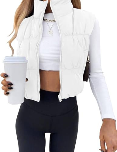 Poetsky Down Vest Womens Stand Collar Zip Up Sleeveless Cropped Puffer Vest with Pockets White XL | Amazon (US)