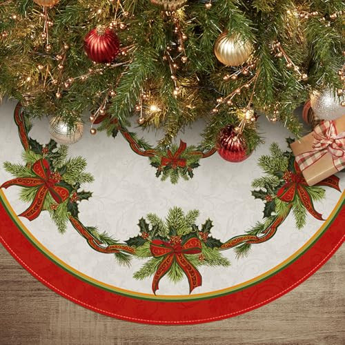 AVOIN colorlife Christmas Tree Skirt 36 Inch, Christmas Ribbon Holly Winter Holiday Tree Mat Decoration | Amazon (US)