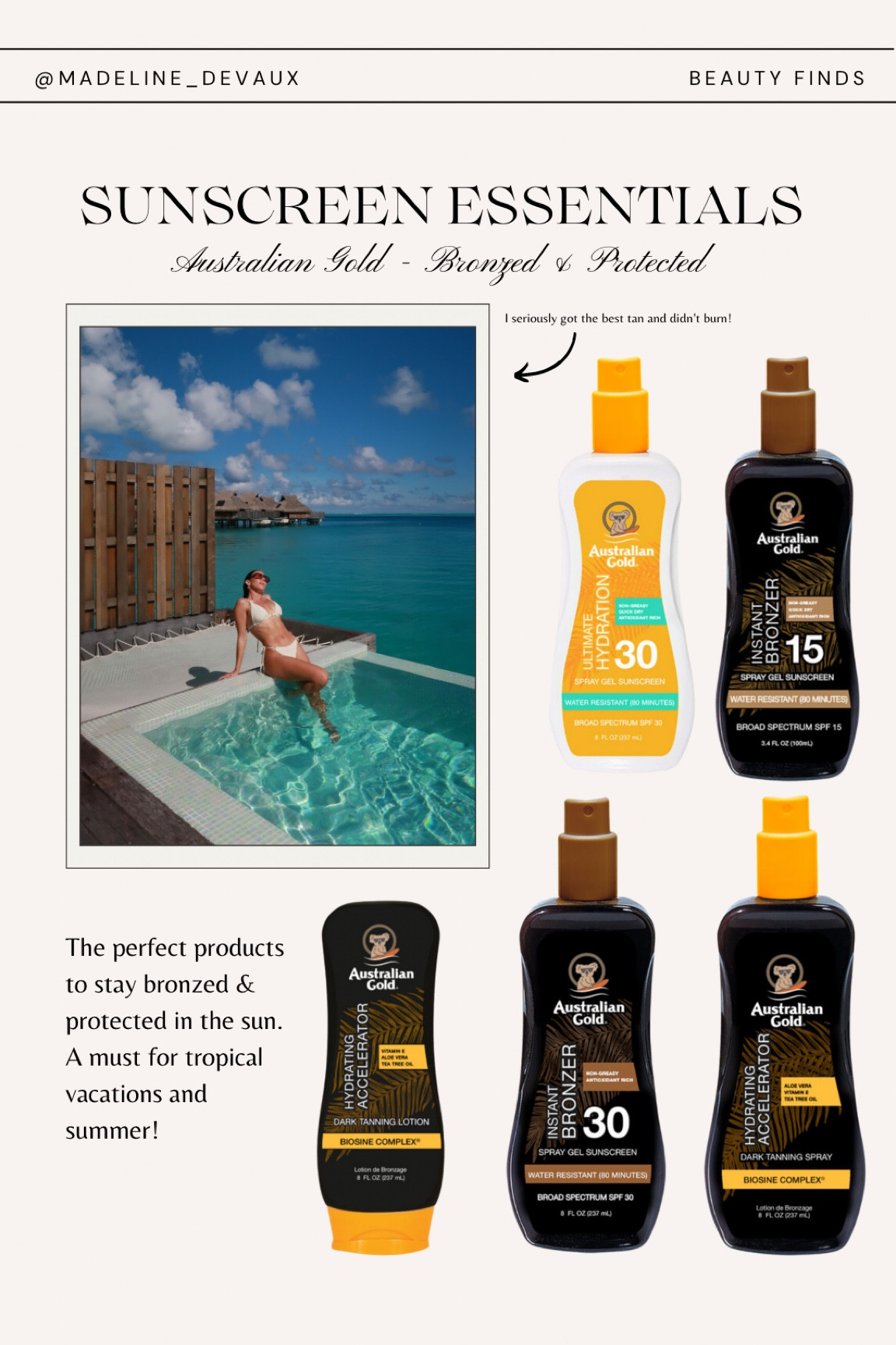 Shop my go-to sunscreen essentials from @AustralianGold -  I got the most insane golden tan on this trip using the instant bronzing SPF & hydrating accelerator. Use code AGSpringBreak for 10% off your order.

#LTKtravel #LTKswim