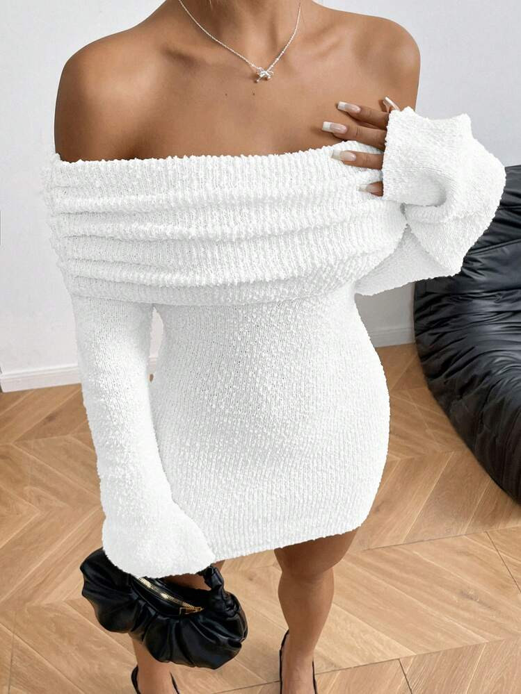 Women Off Shoulder Thick Knit Sweater Dress, Fuzzy Long Sleeve Bodycon Mini Dress, Sexy And Elegant Ladies Dress | SHEIN