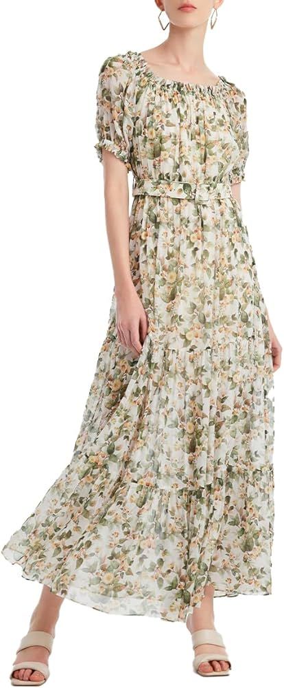 Womens 2024 Spring Green Floral Dress 100% Silk Flowy Puff Sleeve Tiered Maxi Dresses with Belt B... | Amazon (US)