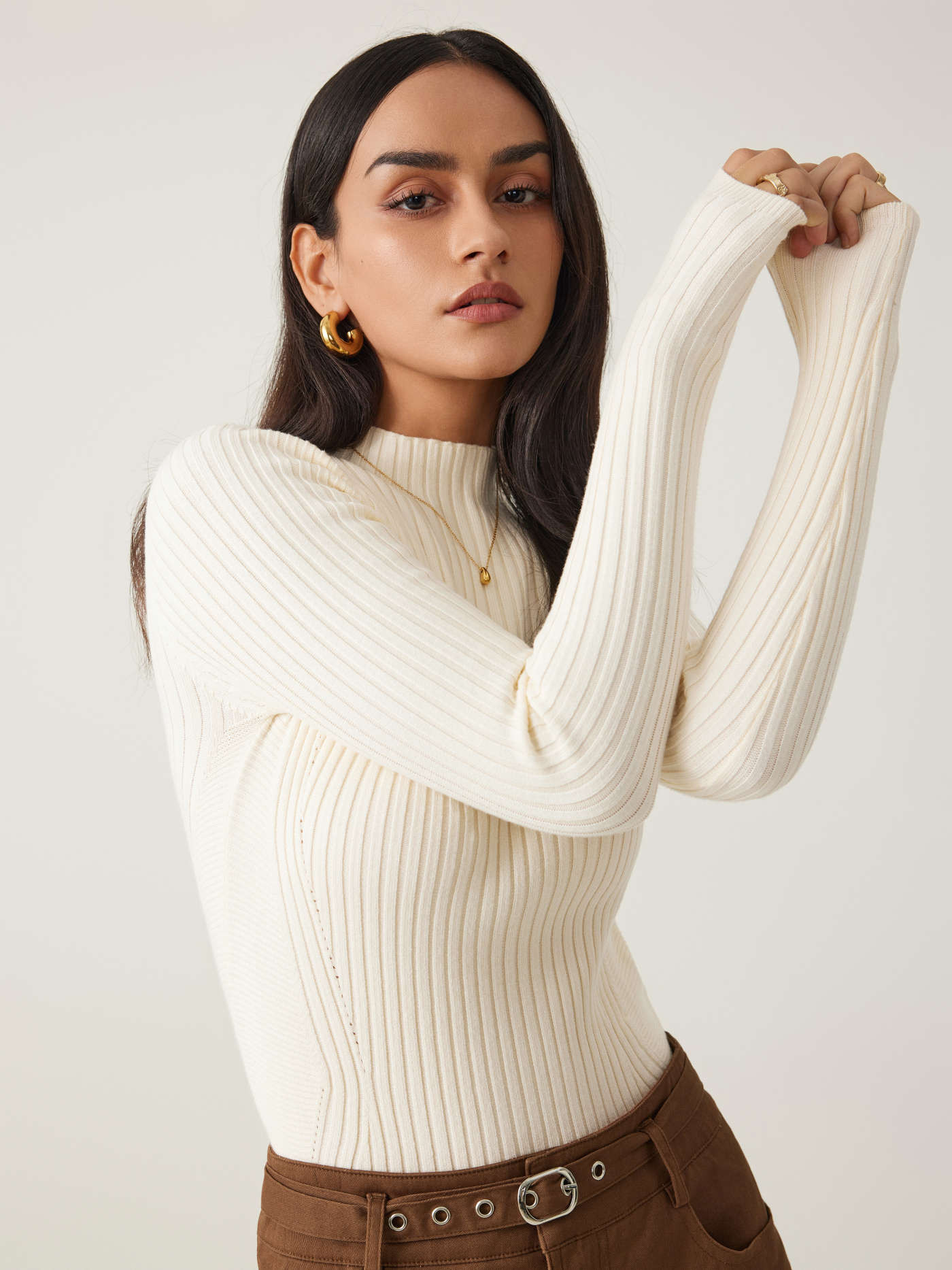 Rib Knit Stand Neck Solid Long Sleeve Top | Cider