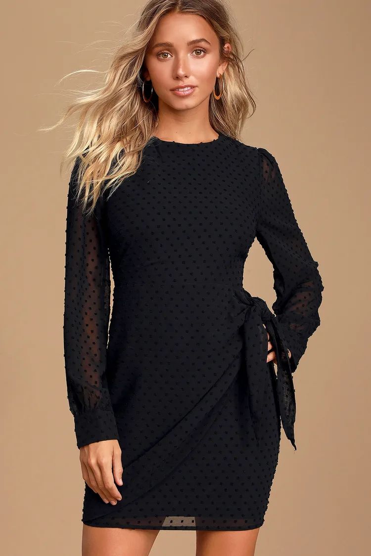 Much Love Black Swiss Dot Long Sleeve Tie-Front Mini Dress | Lulus (US)