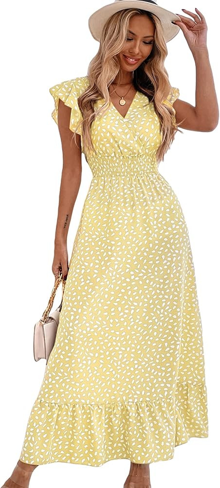 MakeMeChic Women's Allover Print Ruffle Sleeve V Neck Ruffle Hem A Line Summer Maxi Dress | Amazon (US)