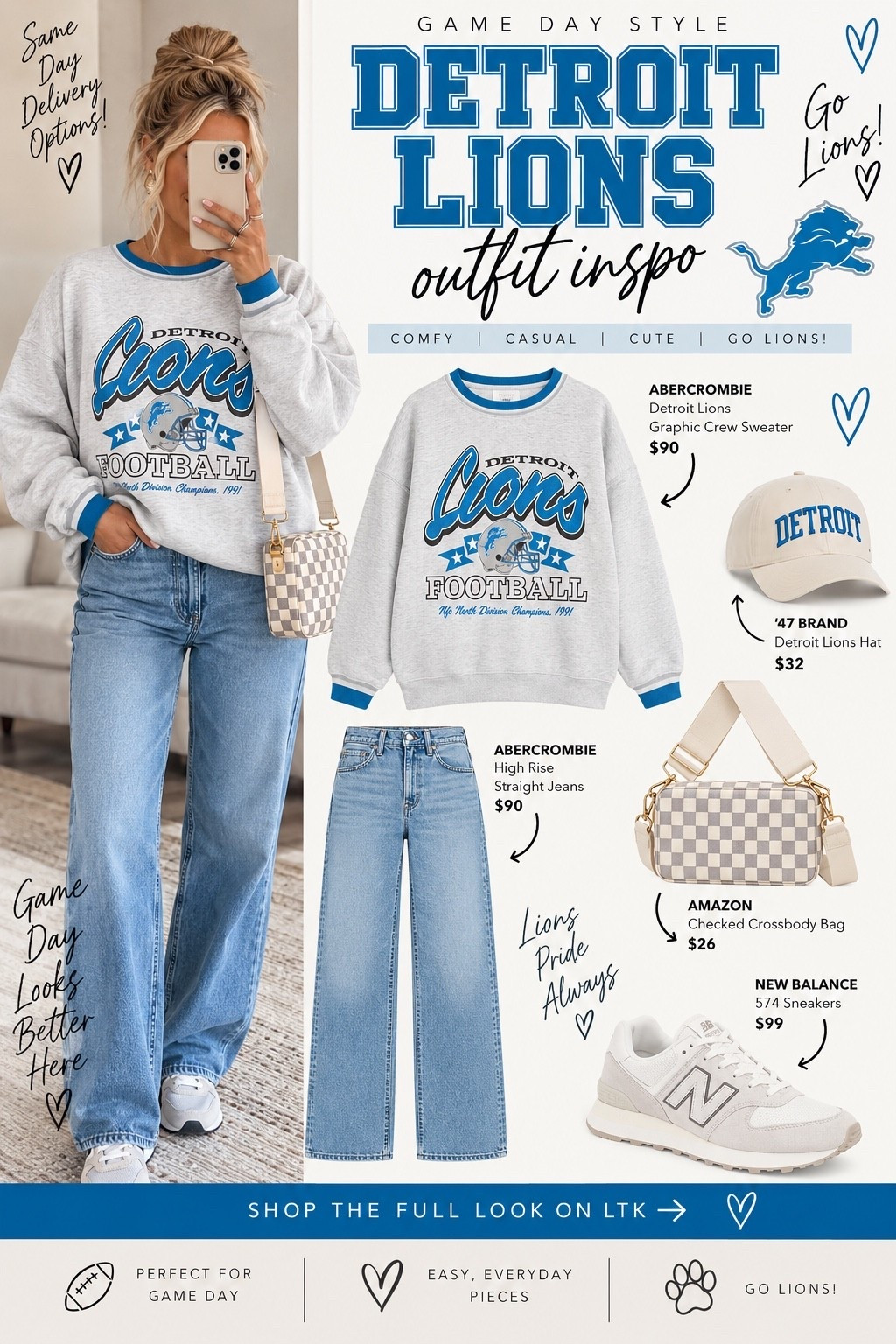Game day, but make it cute + comfy 🦁💙 This is the kind of Lions look I LOVE — an oversized sweatshirt, relaxed denim, neutral sneakers + easy accessories you can wear all season long. Perfect for Ford Field, a watch party, tailgating or Sunday errands! 🏈

I linked everything you need to recreate the look below! 👇🏼

#LTKStyleTip #LTKSeasonal #LTKFindsUnder100 #DetroitLions #LionsGameDay #DetroitLionsStyle #GameDayOutfit #FootballOutfit #NFLStyle #GameDayFashion #DetroitStyle #FallOutfit #SundayFootball #GoLions 🦁💙

#LTKgrwm #LTKootd #LTKmomlife
