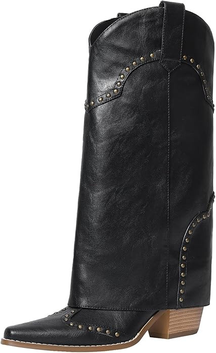 RONILURN Women Shark Boots Fold Over Mid Calf Chunky Heel Snip Toe Cowboy Cowgirl Pull On Studded... | Amazon (US)