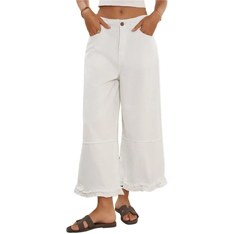 Women Ruffle Patchwork Wide Leg Casual Denim Pants Ankle Jeans | Walmart (US)
