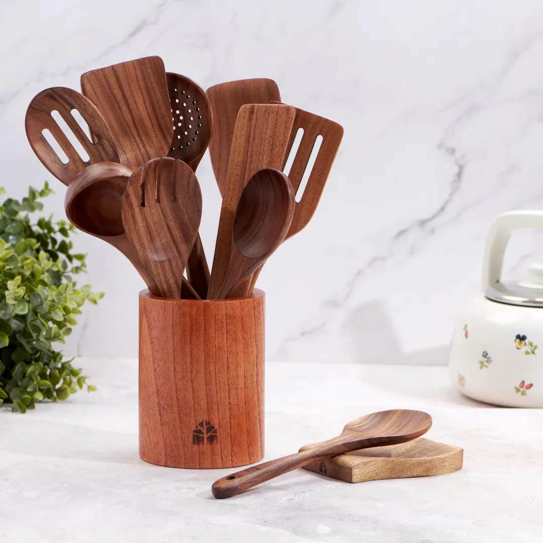 Teak Kitchen Utensil Set (12-piece): Wooden Spoons, Spatulas, Ladle & Holder - Etsy | Etsy (US)