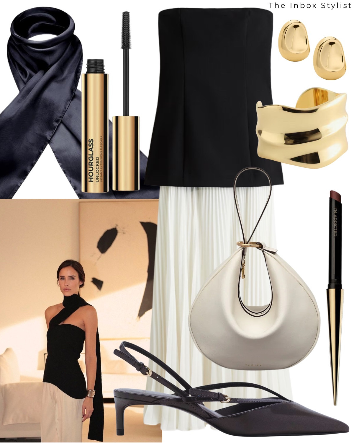 Reinvent the must have summer dress with a silk scarf and gold jewellery. 

Including bandeau black & white dress, black silk neck scarf, gold bangle, gold earrings, white clutch bag, black kitten heels, mascara, lipstick  

#LTKstyletip #LTKfestive #LTKpartywear