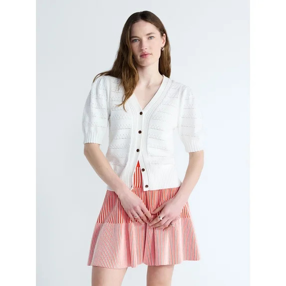 Free Assembly's Women's Cotton Crochet Cardigan Sweater with Puff Sleeves, Sizes XS-4X | Walmart (US)