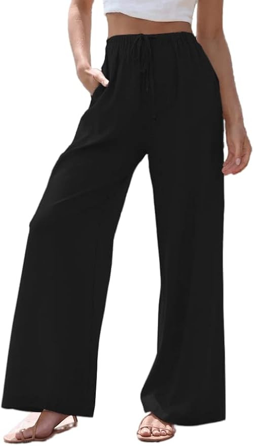 GINNIZORA Women's Cotton Linen Summer Palazzo Pants Flowy Wide Leg Beach Trousers with Pockets | Amazon (US)