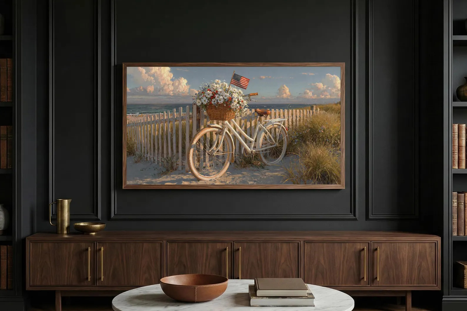 4th of July Frame TV Art, Patriotic Beach Bicycle American Flag Coastal Summer Decor Vintage Oil ... | Etsy (Global)