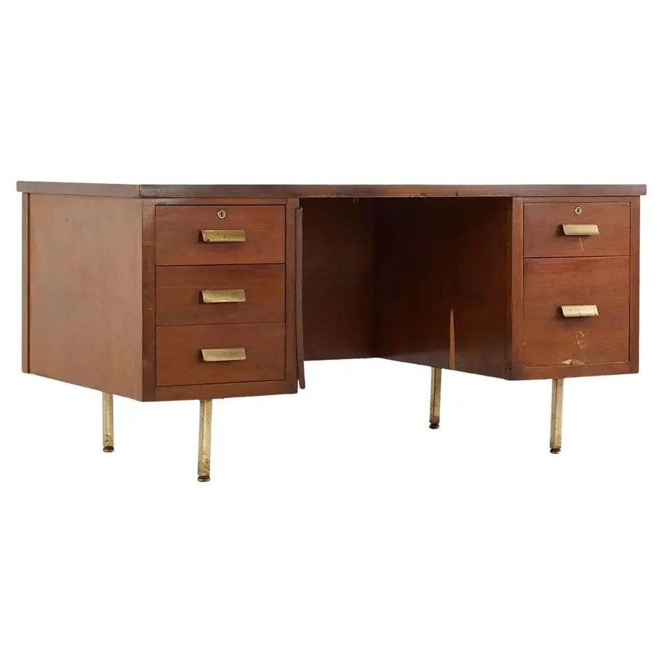 Standard Furniture Style MCM Walnut and Brass with Formica Top Executive Desk | 1stDibs