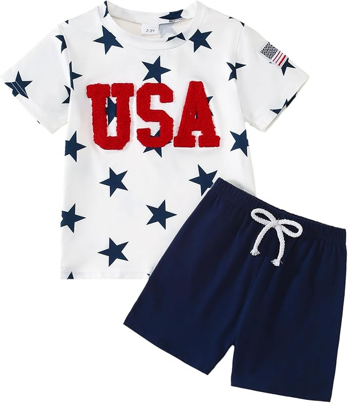 Little Boy 4th of July Outfit USA American Flag T-shirt+Casual Shorts Independence Day Clothes | Amazon (US)
