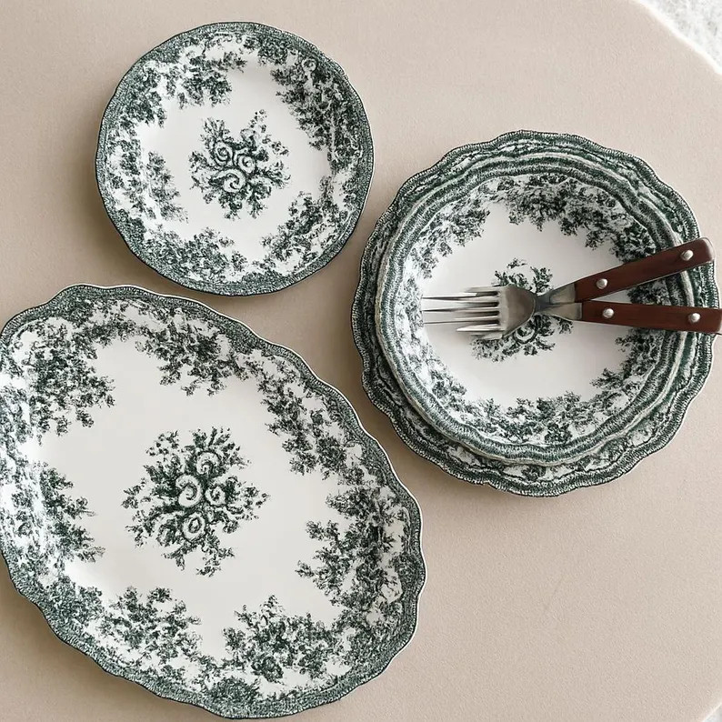 40 Piece Rustic Green Floral Porcelain Dinnerware Set – 8 Person Plates and Bowls – Farmhouse... | Etsy (US)