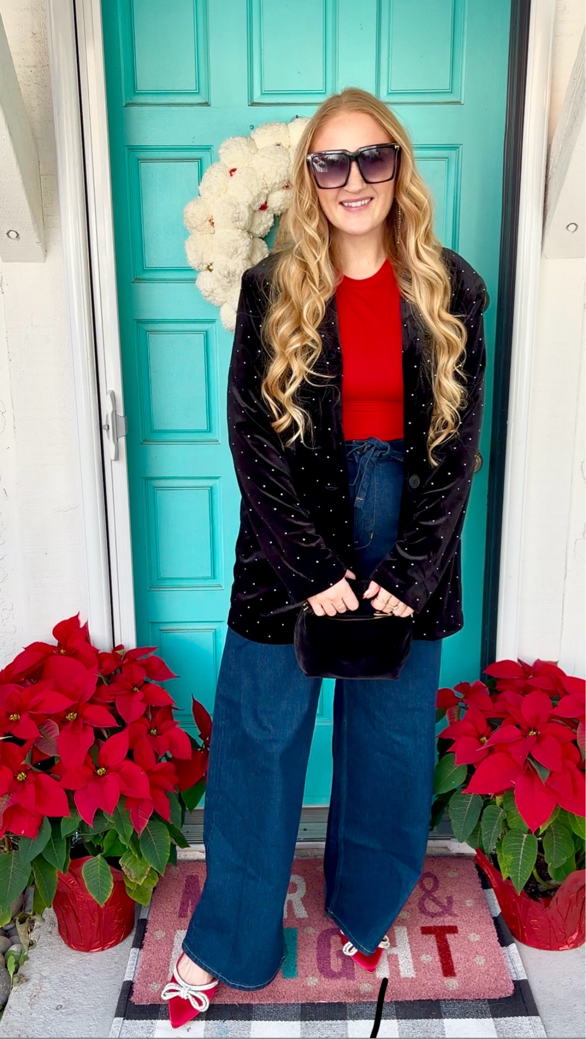Day 3 of holiday outfit ideas ✨ velvet blazer with a festive red top and trouser jeans, finished off with bow flats and accessories!

Wearing M in blazer, fit is oversized! 

Holiday outfit idea, holiday look, holiday party outfit, plaid skirt, Santa sweater, bow flats, red bow shoes, holiday shoes, Christmas dress, holiday dress, winter skirt look, winter skirt, Christmas party outfit, Christmas outfit idea, Christmas style, holiday style, winter style, Christmas outfit, festive outfit, date night look

#LTKParties #LTKHoliday #LTKSeasonal