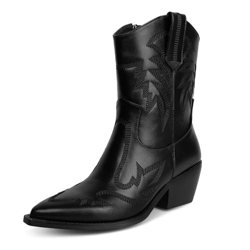 wetkiss Black Cowboy Boots for Women Black Cowgirl boots Cowboy Cowgirl Boots for Women Chunky Heel Boots | Amazon (US)