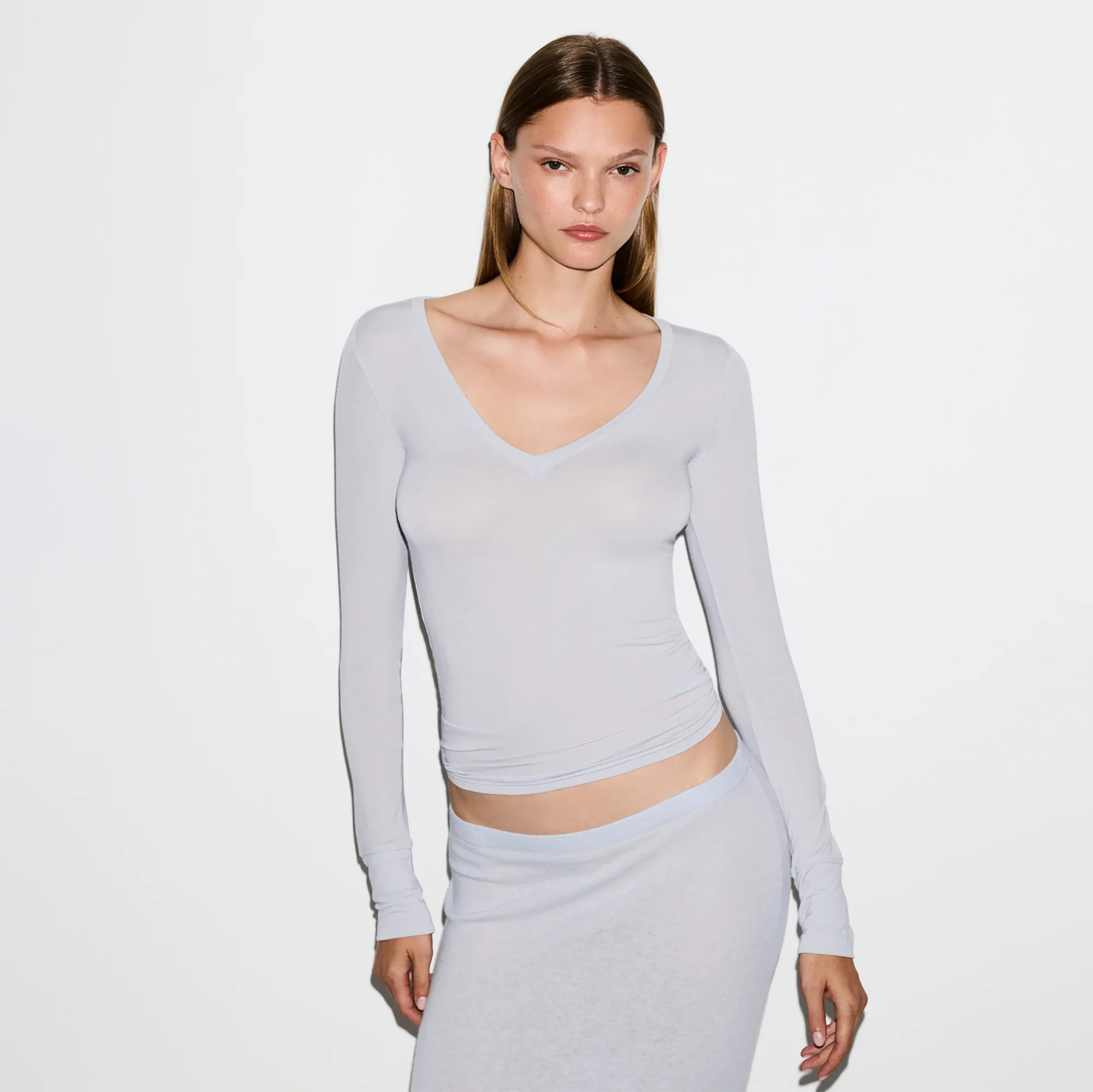SKIMS Long Sleeve V Neck | Blue | Small | Sheer Modal | SKIMS (US)