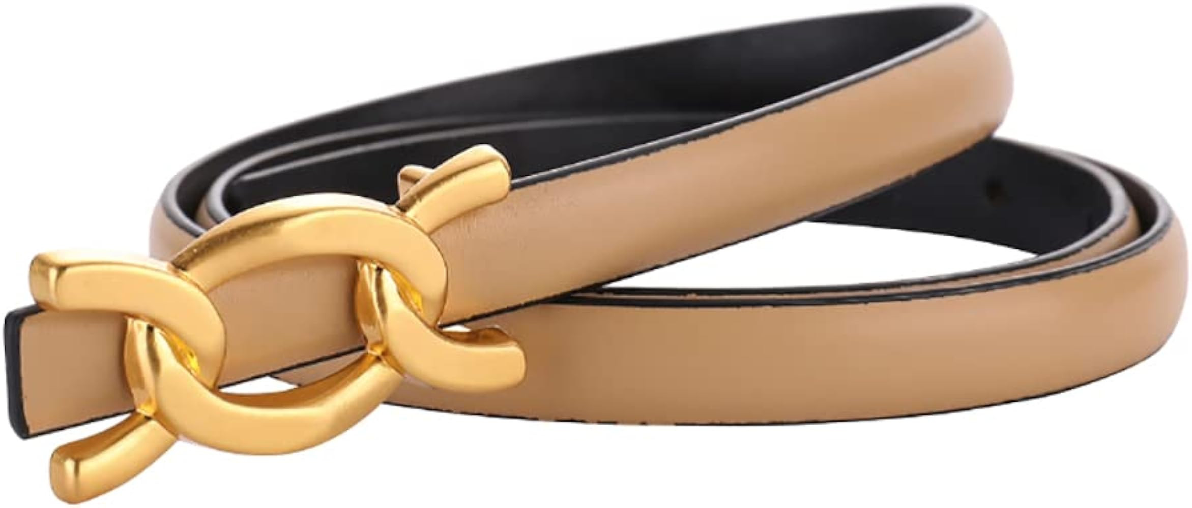 SPOMUNT Womens Thin Belts Skinny Leather Dress Belt, Gold Double C Buckle for Jeans Pants | Amazon (US)