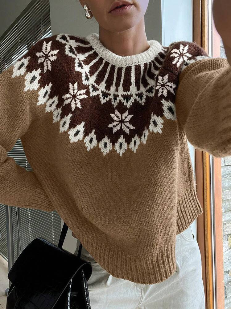 Women's Casual Loose Contrast Color Jacquard Knit Sweater, Suitable For Daily Wear, Home, And Tea Parties, Autumn/Winter | SHEIN