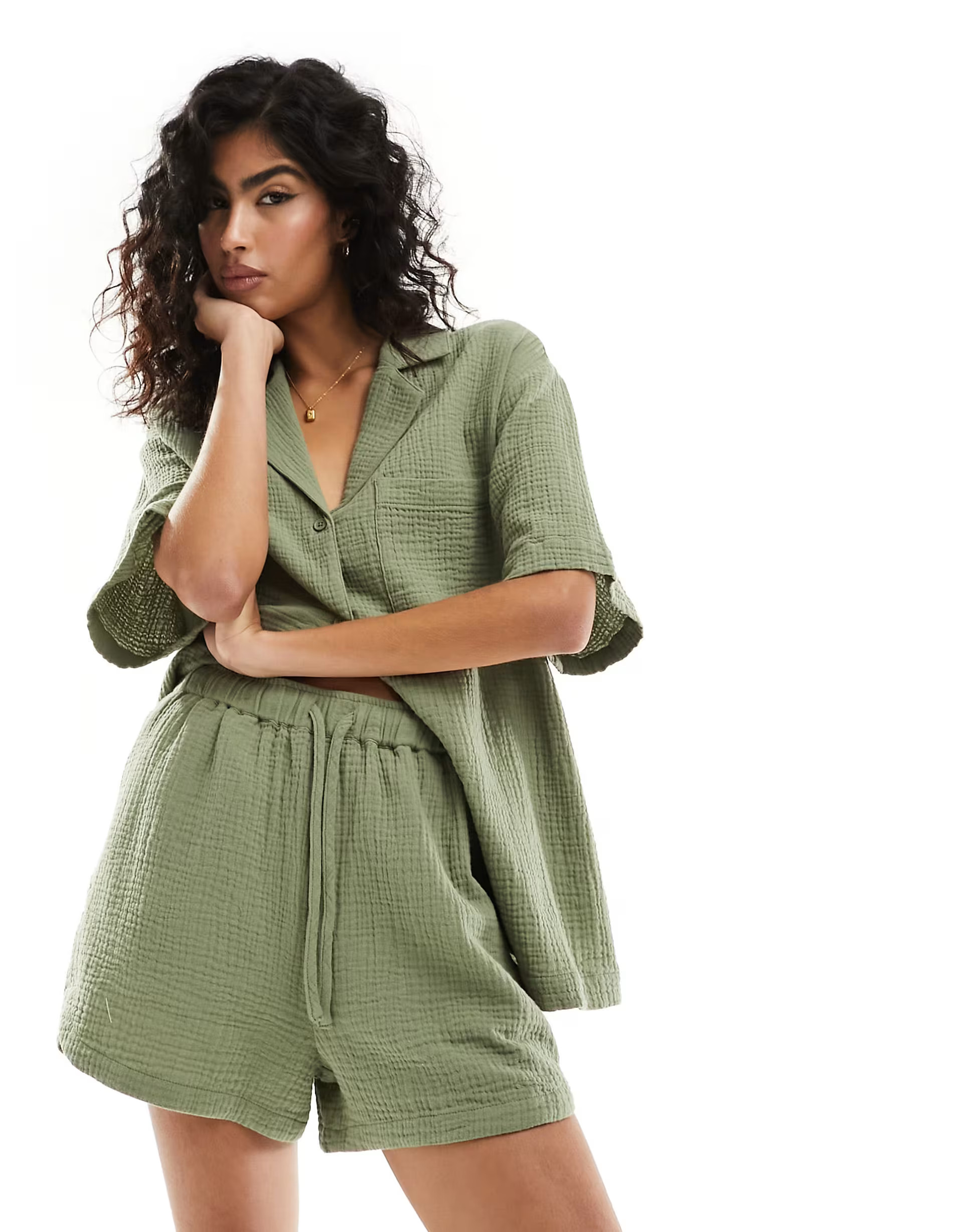 ASOS DESIGN cheesecloth casual short in olive | ASOS (Global)