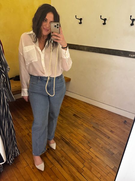 Obsessed with this shirt Sarah also loves. So cute untucked with a tighter jean. Love the sheer but not too sheer. Also in plus and is long enough to look cute with shorts. 