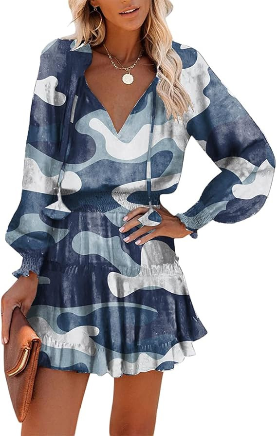 Esobo Women's V-Neck Ruffle Long Sleeve Flared Dresses Floral Print Party Wedding Cocktail Mini S... | Amazon (US)