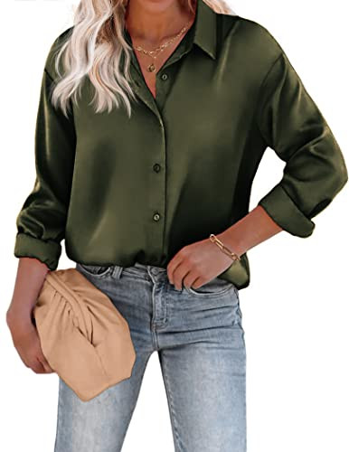Chigant Women's Satin Silk Long Sleeve Button Down Shirt Formal Work Blouse Top (Army Green,Medium) | Amazon (US)
