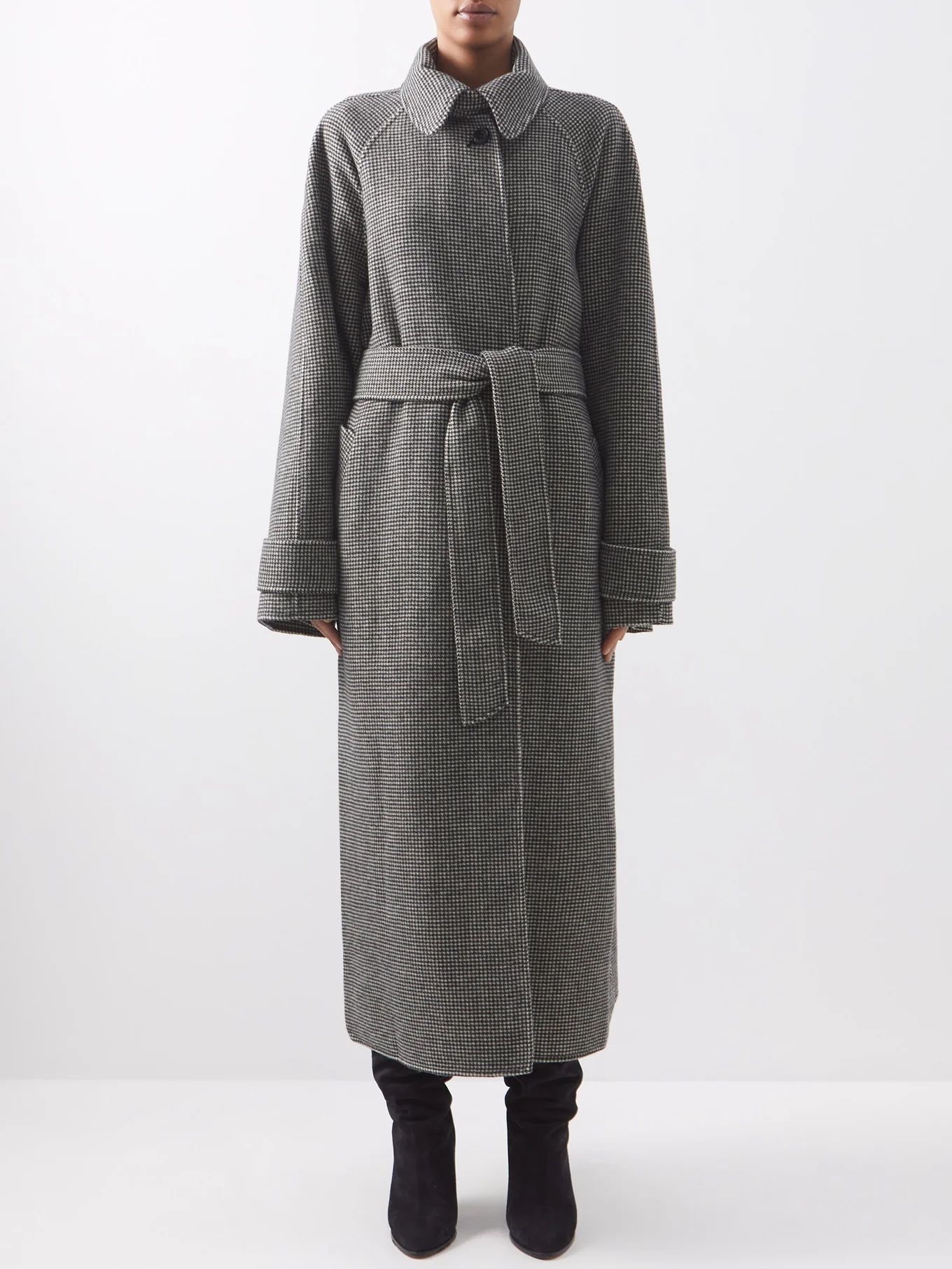 Belted raglan-sleeve puppytooth-wool coat | Matches (UK)