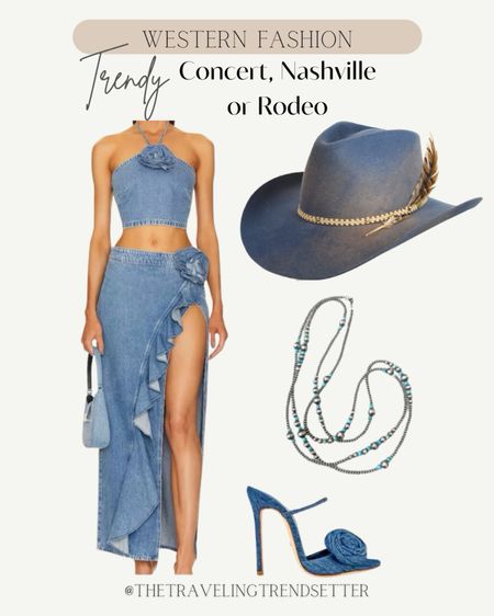 Denim two piece set - cowboy hat -  Navajo pearls / denim heels - purse / flowers - outfit ideas - concerts / Nashville western outfit ideas 

#LTKSeasonal #LTKworkwear #LTKstyletip