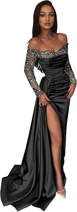 BONOYUER Long Sleeve Prom Dresses for Women Mermaid Off The Shoulder Satin Formal Evening Dress w... | Amazon (US)