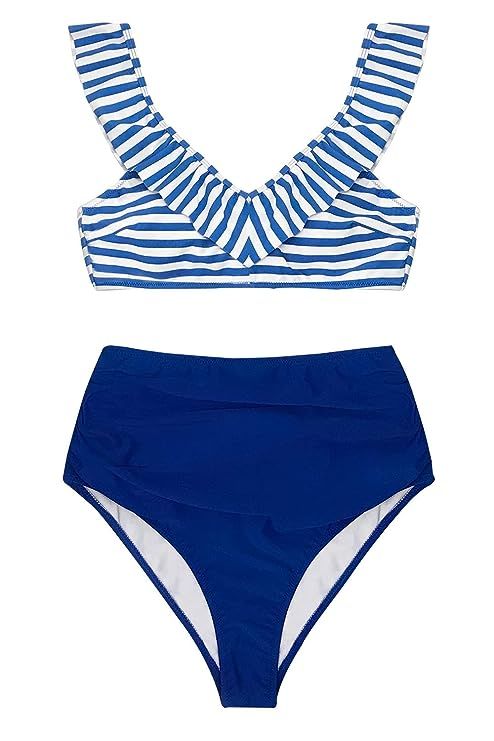 CUPSHE Women's Blue Striped High Waisted Bikini with Ruffle | Amazon (US)