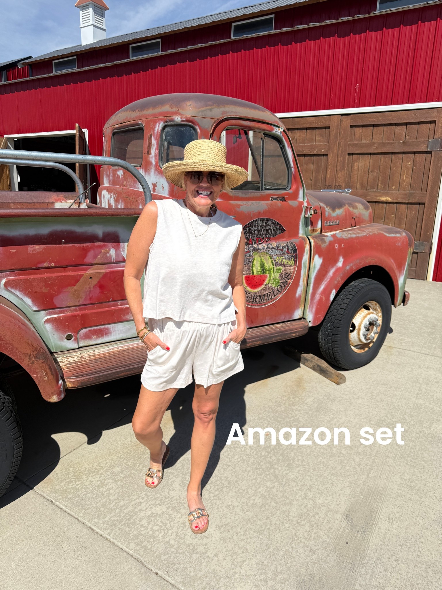 Amazon short set

Easy and comfortable to wear.
Lightweight and perfect for vacation/travel and those hot last days of summer early Fall. 

The cutest button back
(Sharing in next post!)

Hat of Gigi pip old (linked a similar one from Amazon)

Cute gold link sandal slides Nordstrom  old (linked a similar and more affordable pair from Amazon


#LTKFindsUnder50 #LTKOver40 #LTKStyleTip