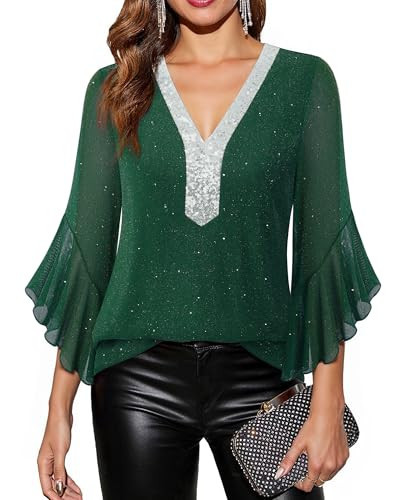 Timeson Sparkly Tops for Women: 3/4 Sleeve Holiday Party Outfits — Ladies Tops and Blouses Business Casual Fall Tunic Green Sequin Christmas Shirt Formal Date Attire Glitter New Years Eve Clothes M | Amazon (US)