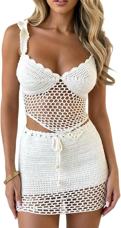 Women 2Pcs Crochet Knit Skirt Set Tube Crop Top + High Waist Bodycon Skirt Cover Up Beachwear | Amazon (US)