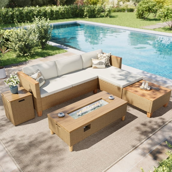 SUMMIT LIVING 5-Piece Wicker Patio Furniture Set with 42" Fire Pit Table, Outdoor Sectional Conve... | Walmart (US)