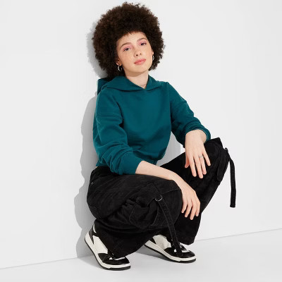 Women's Cropped Pullover Hooded Sweatshirt - Wild Fable™ Dark Teal   XXS: Cotton Blend, Recycled Polyester, Fleece, Casual Fit | Target