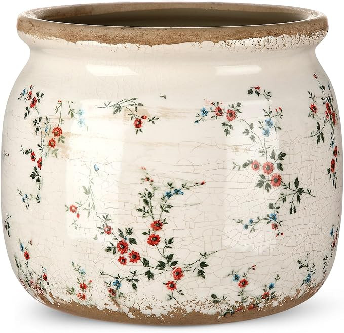Vintage Planter Large Ceramic Plants Pot Beige Red Rustic Floral Ice Crack Cottage Scroll Vase Fl... | Amazon (US)