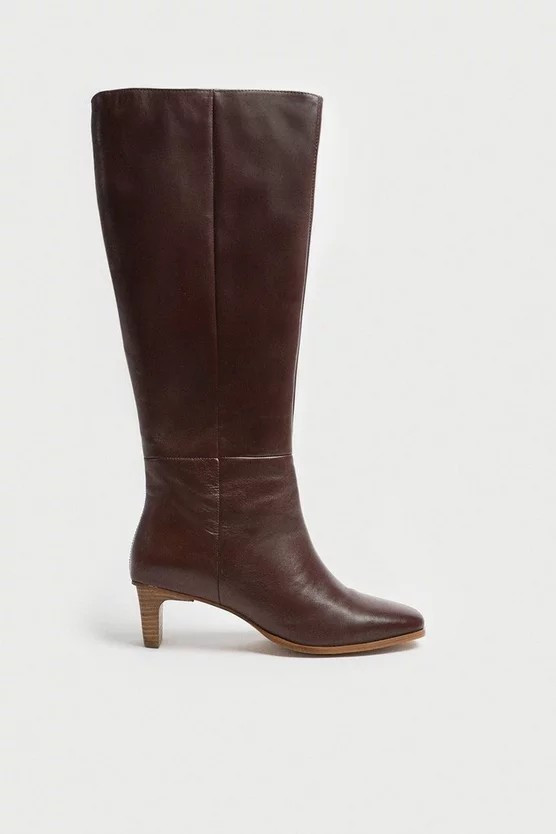 Real Leather Knee High Wooden Heeled Boot | Warehouse UK & IE