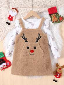 SHEIN Young Girl Christmas Print Ruffle Trim Tee & Overall Dress for Christmas | SHEIN