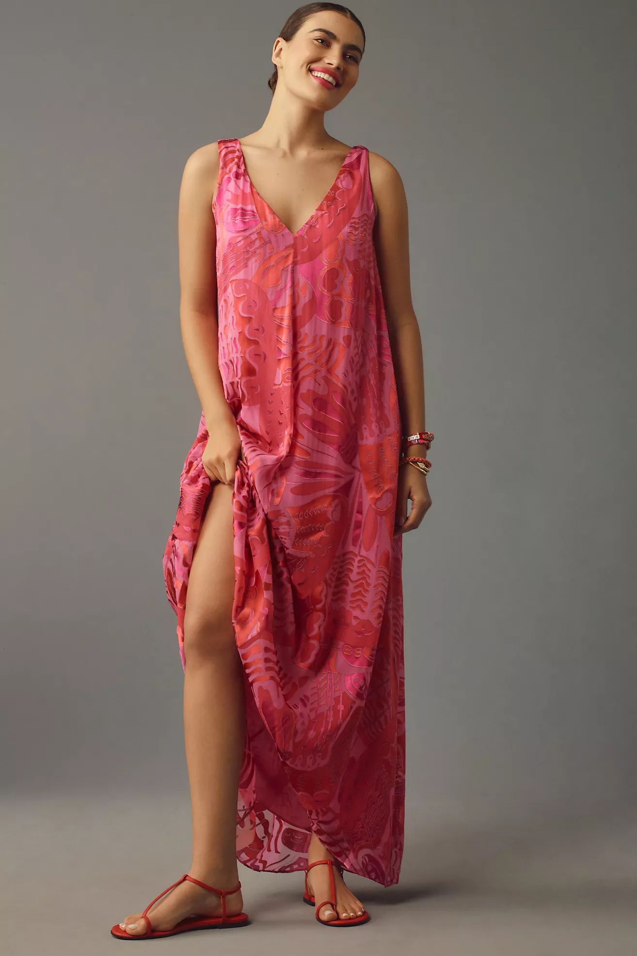 RIXO Loreena V-Neck Satin Devoré Maxi Dress | Anthropologie (US)