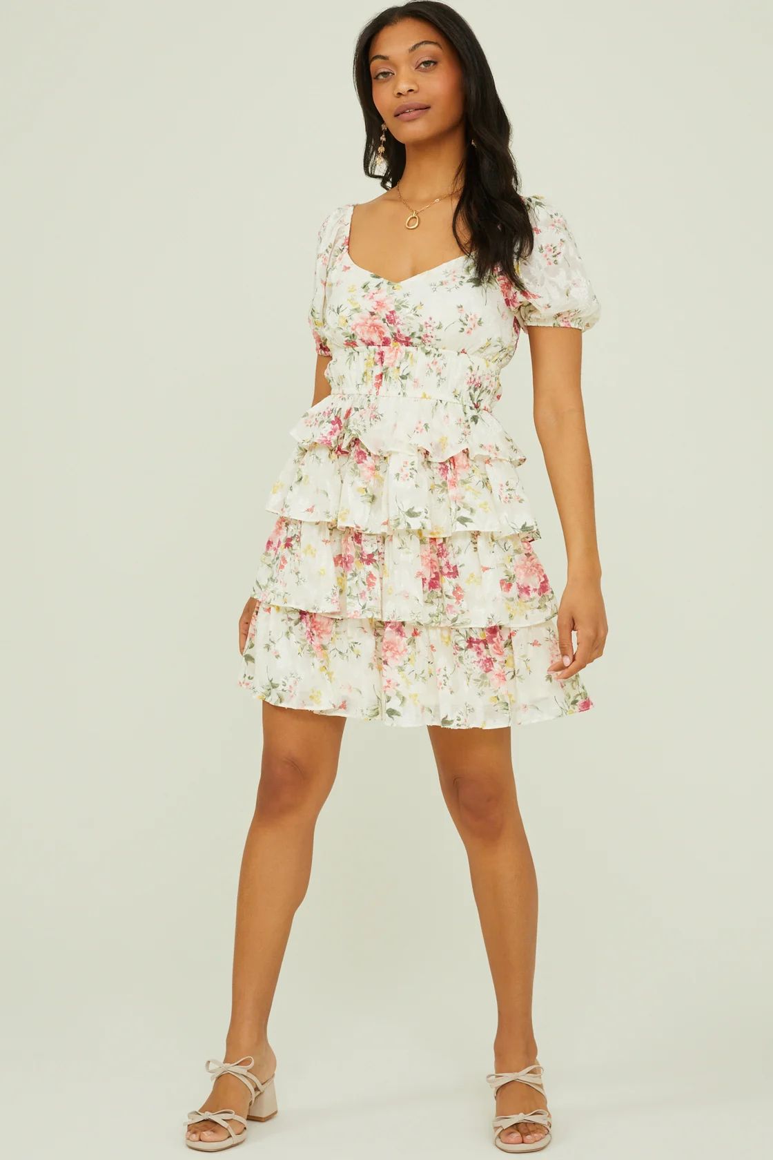 Malia Tiered Floral Dress in Ivory & Pink | Altar'd State | Altar'd State