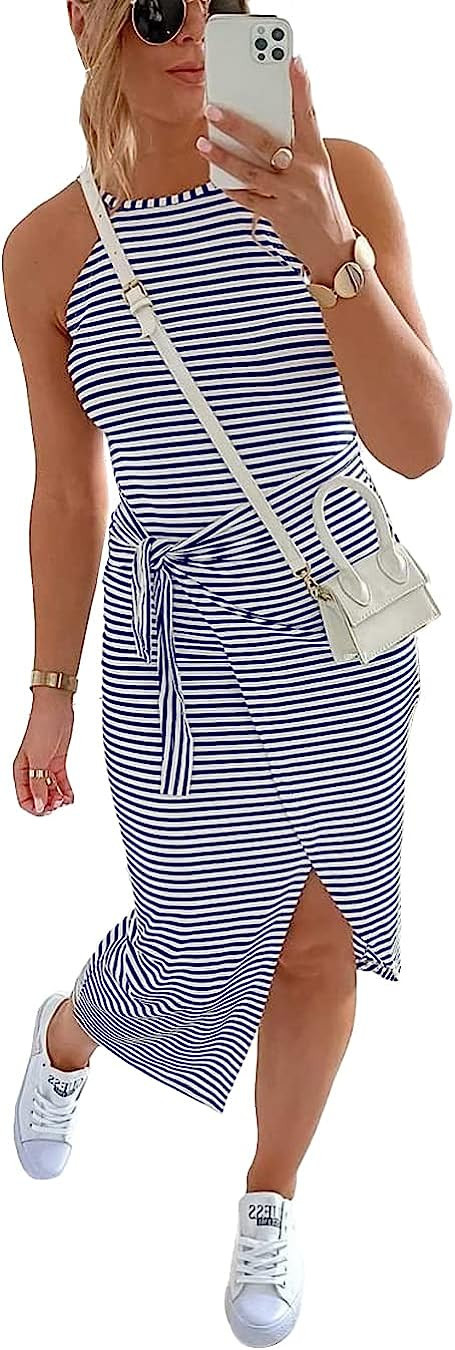 NOLLSOM Women Casual Sleeveless Striped Tank Midi Dresses Halter Neck Ruched Bodycon Dresses Tie ... | Amazon (US)
