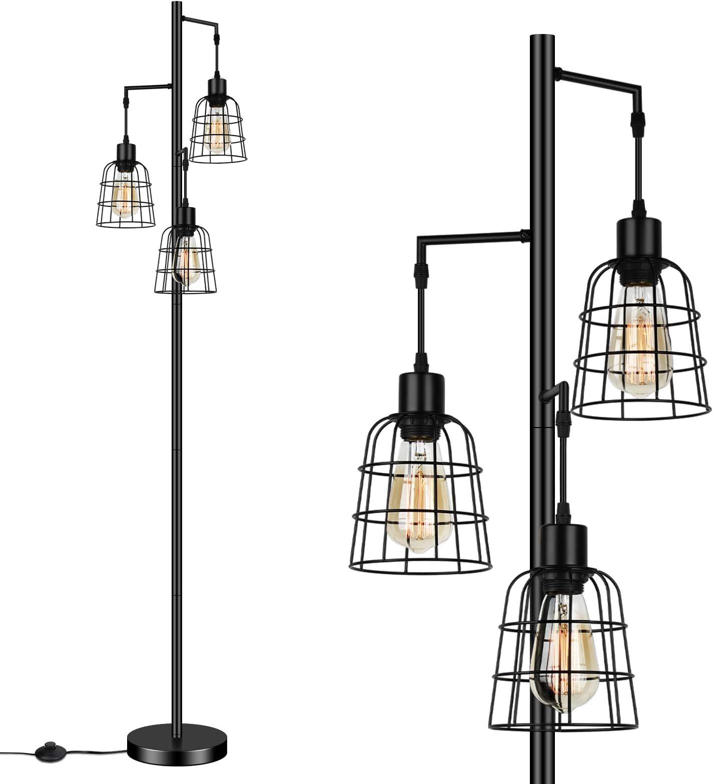 Industrial 3-Light Tree Floor Lamp with Cup-Shaped Cages Farmhouse Rustic Tall Standing Lamp for Liv | Amazon (US)