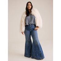 High-Rise Embellished Sky High Super Flare Jeans in Mediumblue-Denim | Torrid (US & Canada)