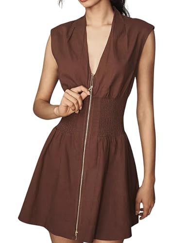 Meyhad Women’s V Neck Summer Dress Cap Sleeve Zipper Mini Dress Smocked Slit Dress with Pockets(0968-Brown-M) | Amazon (US)