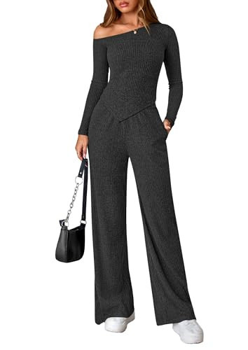PRETTYGARDEN Fall Two Piece Sets For Women 2026 Off Shoulder Tops Long Pants Knit Matching Lounge Set Airport Travel Outfits(Dark Grey,Medium) | Amazon (US)